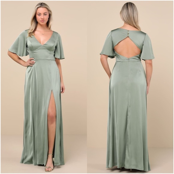 LULU’S Elegant Confidence Sage Satin Flutter Sleeve Cutout Maxi Dress - Picture 1 of 9
